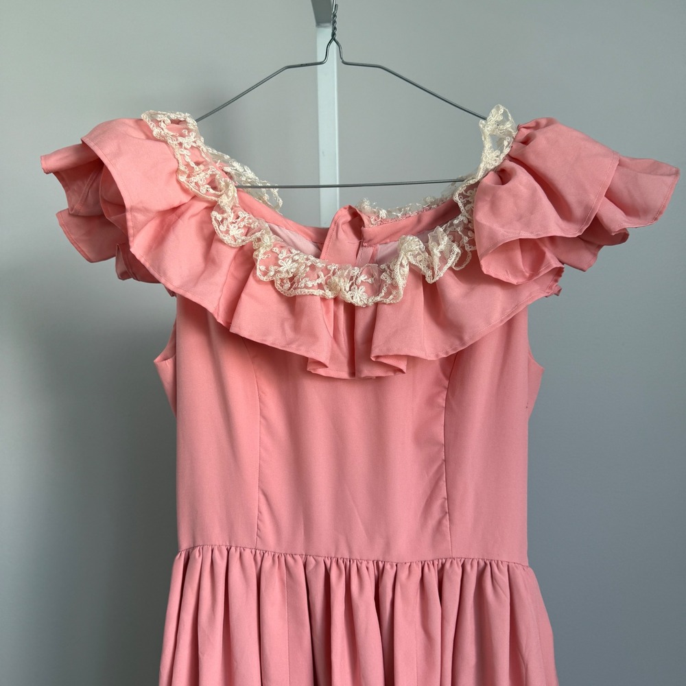 VTG Victorian Pink Renaissance Ruffle Lace Prairie Maxi Dress Cottagecore Gown - Picture 4 of 9